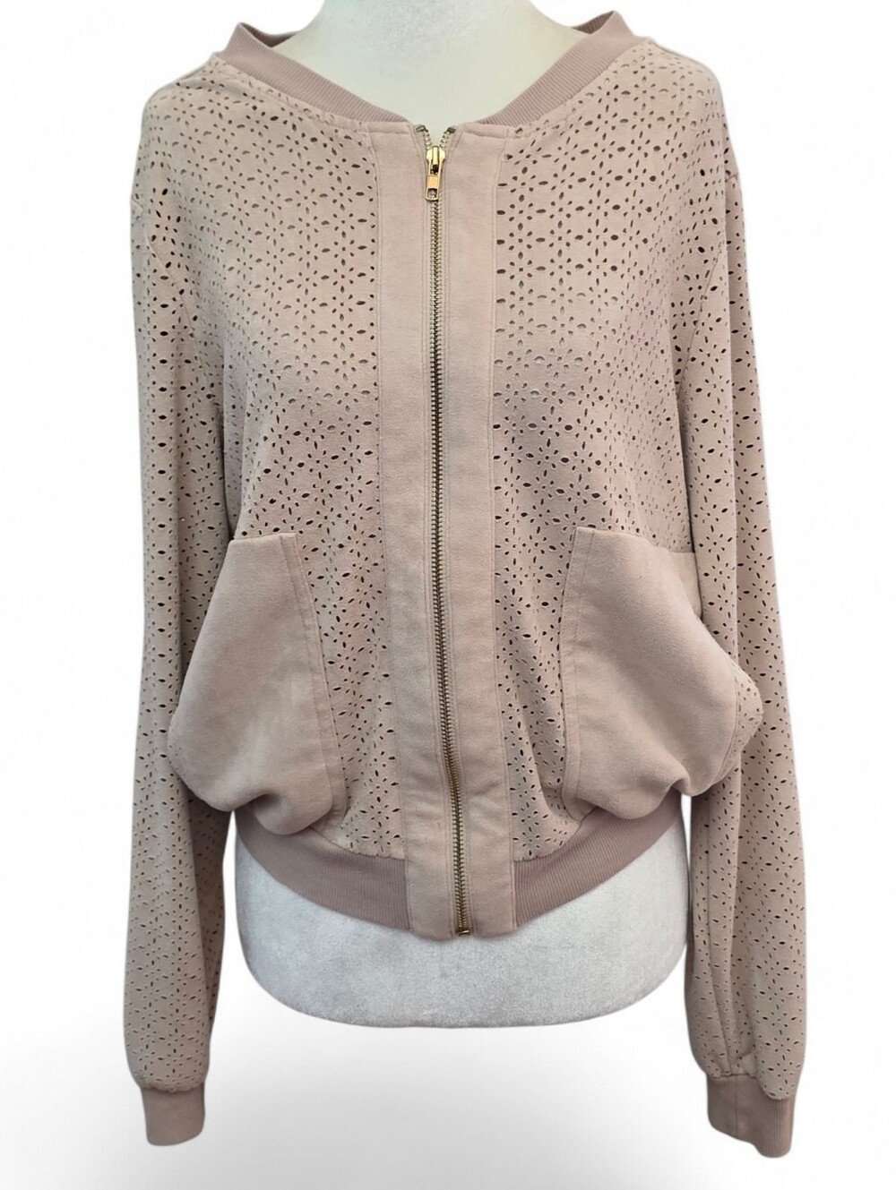 Alythea Taupe Perforated Zip-Front Faux Suede Bomber Jacket